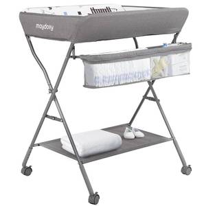 lot 125 image: Baby Changing Table with Wheels, Maydolly Portable Adjustable Height Folding Diaper Station with Nursery Organizer & Storage Rack for Newborn Baby and Infant (Light Grey) - Retail $96