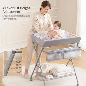 Baby Changing Table with Wheels, Maydolly Portable Adjustable Height Folding Diaper Station with Nursery Organizer & Storage Rack for Newborn Baby and Infant (Light Grey) - Retail: $96