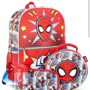 lot 139 image: Marvel Spider-Man Boys 17 Backpack, Lunch Kit, Zip Case, Keychain and Water Bottle 5-Piece Set, Red - Retail $29