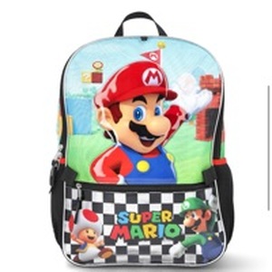 lot 140 image: Nintendo Boys 17 Super Mario Backpack, Lunch Box, Gadget Case, and ID Holder Set, 4-Piece, Black - Retail $29