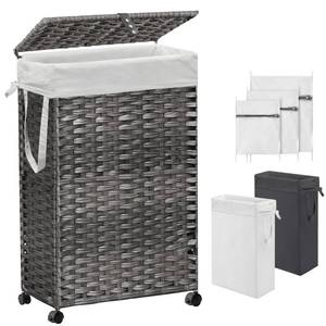 lot 195 image: 70L Slim Laundry Hamper with Lid & Wheels, Rolling Laundry Basket with 2 Removable Liner Bags & 3 Mesh Bags, Narrow Dirty Clothes Basket, Foldable Handwoven Rattan Laundry Sorter, Grey - Retail $65