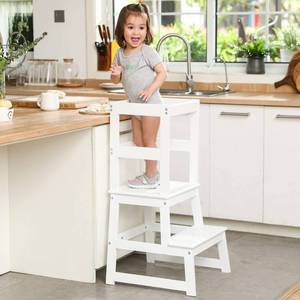 lot 211 image: Joylico Kids Kitchen Step Stool for Kids with Safety Rail,Solid Wood Construction Toddler Learning Stool, Montessori Toddlers Kitchen Stool Tower (White) - Retail $150