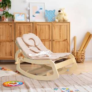 lot 246 image: Baby Bouncer,Adjustable Baby Rocker, 3-in-1 Wooden Rocker Chair with 5-Point Harness, Recliner Seat for Infant to Toddlers,Beige - Retail $95