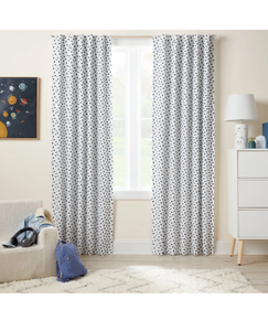 lot 258 image: 42W x 95L Dot Kids Blackout Window Curtain Panel Navy - Pillowfort - Retail $40
