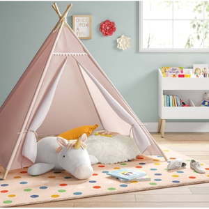 lot 276 image: Pom Pom Kids Tent Pink - Pillowfort Teepee Play Tent, Polyester, Pine Frame, Ages 3, No Tools Assembly - Retail $135