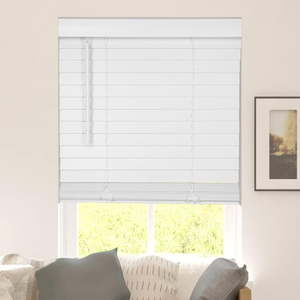 lot 292 image: CALYX INTERIORS Faux Wood Blinds with Classic Valance  Cordless  2  Slat  22.5 W x 36 H  Room Darkening Shade for Windows and Doors  Pure White - Retail $32