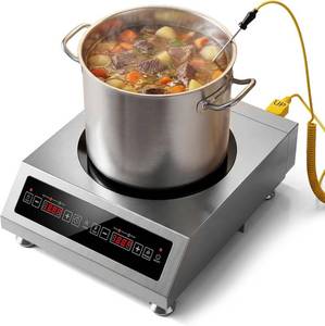 lot 401512 image: Retails for $160 1800W Commercial Induction Cooktop & Countertop Burner with External Temp Probe, Heavy Duty Hot Plate, 100lb Weight Capacity, Temperature Adjustment for Home, Canning, Brewing & Restaurant