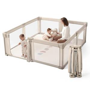 lot 101679 image: Retails for $180 Baby Playpen Portable, Pre-Assembled Play Pen 71x79 Large Foldable Playpen for Babies and Toddlers, Sturdy and Safe Toddler Play Yard Indoor Outdoor with Carry Bag, Light Khaki