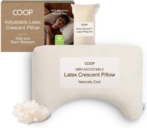 lot 371394 image: Retails for $159 Coop Home Goods Adjustable Latex Crescent Pillow Queen, Talalay Latex & Microfiber Fill, Ergonomic Shape, Naturally Cooling, Eco-Friendly, Medium Firm for Back and Side Sleepers, GREENGUARD Gold