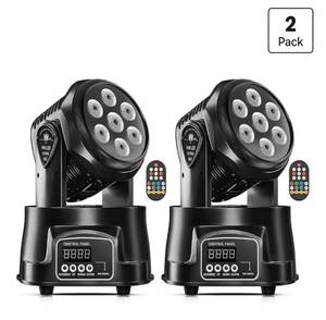 lot 542 image: UKing Moving Head Light RGBW Stage Lighting DJ Lights 7 x 10W LED Beam Spotlight 914 CH Wash Light with DMX and Sound Activated for Party Church Wedding Bar Christmas Halloween Disco (2 Pack) - Retail $110