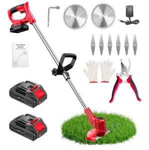 lot 543 image: Pre Owned 21V Weed Wacker Cordless String Trimmer with 2 Batteries 2.0Ah, 2 Types Metal Blades Powered Grass Trimmer, Pruning Shears, Adjustable Pole Weed Trimmer for Garden and Yard Lawn, Red - Retail $0