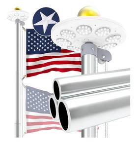 lot 550 image: Upgraded 9 Gauge Heavy Duty Flag Pole Kit with 136 LED Ultra Bright Solar Light, 25FT 120 MPH Flagpole for Outside House in Ground, Bottom 3mm Thick & 3in Wide, 300D Thick Flag, Silver - Retail $220