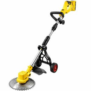 lot 553 image: SEE PHOTOS  30000 RPM Brushless Cordless Weed Wacker with Wheels, 4-in-1 Grass Trimmer, Brush Cutter, Stringless Weed Trimmer & Lawn Edger, Yellow