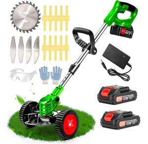 Electric Weed Wacker Cordless with Wheels, 2pcs Batteries&4 Types Blades,Lightweight, Low Noise Weed Trimmer 21V stringless Weed Wacker, Grass Trimmer/Brush Cutter/Edger, for Thick Weeds&Yard Garden - Retail: $0