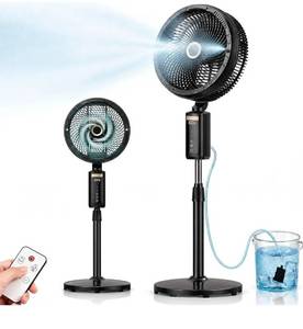 lot 560 image: Pre Owned Ausic Outdoor Misting Fan for Patio, ��Max 50H�� Rechargeable Oscillating FanBattery Powered Cordless Pedestal Fan, 12 Standing Fan with Remote Mister for Camping Backyard - Retail $90