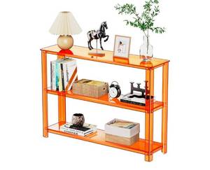 lot 562 image: Acrylic Console Table, 3 Tier Entryway Table with Storage Shelves (Orange) - Retail $240
