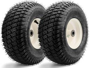 lot 567 image: 2 Pieces 15x6.00-6 Front Lawn Mower Tires & Wheels - NHS Alloy Steel - for Husqvarna Craftsman, John Deere 100 & D100 Series Riding Mowers and Lawn Tractors - 3 Centered Hub, 34 Bushings - Retail $69
