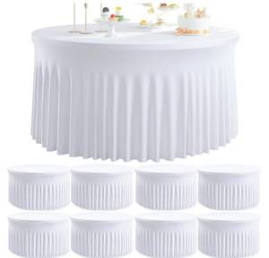 lot 568 image: 8 Pack White Round Spandex Tablecloth for 60 inch Table, Wrinkle Free Stretchy 120inch Fitted 5FT Round Table Cloths Cover with Skirt for Wedding Birthday Party Dining Banquet Thanksgiving Events - Retail $126