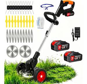 lot 579 image: Cordless Electric Weed Wacker 4-in-1 Stringless Weed Eater Battery Powered Grass Trimmer Lawn Edger Brush Cutter, Lightweight Portable Weed Trimmer with 4 Blades & Wheels for Yard Lawn Garden - Retail $80