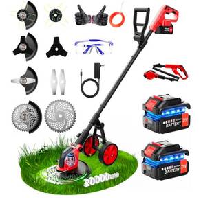 lot 585 image: 20000RPM Electric Weed Wacker Cordless with Wheel,12Electric Weed Eater Battery Powered,4-in-1 Heavy Duty Brush CutterString TrimmerGrass TrimmerEdger,Stringless Metal Blade Weed Trimmer,2 Battery - Retail $140