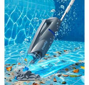 lot 586 image: Pre Owned Cordless Handheld Pool Vacuum, 18.5GPM Strong Suction, Telescopic Pole, 45 Mins Runtime, Dual Brush Heads for Above Ground, Inground Pools, Spas & Hot Tubs, Vako H10 - Retail $150