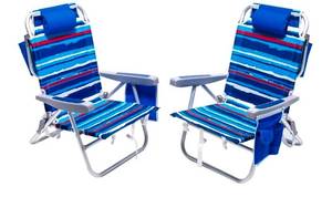 lot 589 image: Sunnyfeel Extra Wide Low Beach Chair, 5 Position Lay Flat, 500 LBS Heavy Duty, XL Portable Folding Chair, Dark Blue Stripe - Retail $118