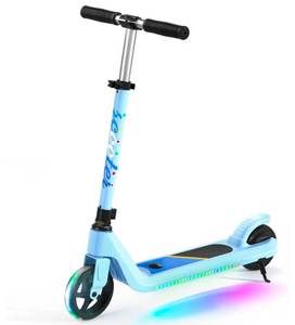 lot 591 image: Pre Owned LINGTENG Electric Scooter for Kids Age 6-10, Kick-Start Boost Scooter with Adjustable Speed and Height, Flash Wheel & Deck Lights - Retail $96
