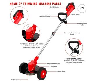 lot 599 image: Pre Owned Grass Trimmer Cordless Electric-Weed Eaters & Weed Trimmer, Weed Lawn Edge Trimmer, Mower with Upgraded Wheels & 2 Batteries - Retail $0