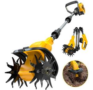 lot 609 image: 20V Cordless Garden Tiller Cultivator Compatible with Dewalt 20V Battery (Tool Only), Ecarke 450RPM Electric Brushless Rototiller with 48 Steel Tines, 9 Tilling Width 6.3 Depth, Compact Foldable - Retail $66
