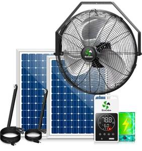 lot 612 image: Solar Powered Fan for Outside Wall Mount with Smart Thermostat18 Heavy Duty Outdoor Fans with Battery, Waterproof, Metal Build, for Patios, Horse Stall, Chicken Coop, 3 Speeds, 180° Tilt - Retail $260