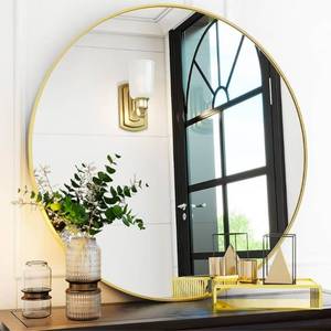 lot 627 image: Gold Round Bathroom Mirror 30, Thin Metal Frame Wall MirrorCircle Vanity Mirror for Over Sink, Hanging or Leaning Decor for Hallway, Entryway, Fireplace Mantel, Living Room - Retail $55