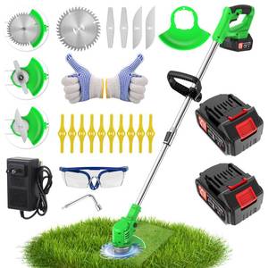 lot 631 image: PRE OWNED MAY OR IS MISSING PIECES Electric Weed Wacker Cordless StringlessTrimmer,Grass Trimmer,with 2 Batteries, 1 Charger, 3Types Blades, Weed Trimmer Battery Powered Lightweight Battery Brush Cutter for Yard and Garden (Greener) - Retail $40