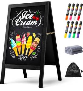 lot 633 image: A Frame Chalkboard Sign, 40x20, BlackSidewalk Chalk Board Wooden Standing ChalkBoards Set with Marker Double-Sided Magnetic Blackboard for Caf�s Weddings Party - Retail $0