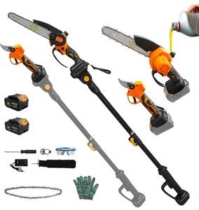 lot 638 image: 4-in-1 Cordless Pole Saw & Electric Pruning Shears, 8 Inch Brushless Pole Saw for Tree Trimming, Mini Chainsaw with Extension Pole, 14FT Max Reach, 2 x 2.0Ah Batteries & Charger - Retail $130