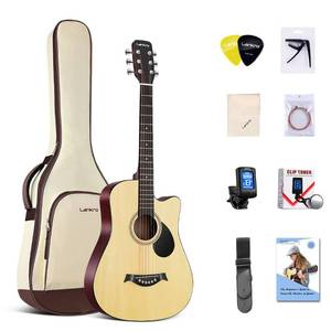 lot 640 image: Lankro 38 in Guitar Acoustic Guitar Beginner kit Adult Cutaway Acoustic Guitar Guitarras Starter Set Bundle with Padded Gig Bag, Strap, Capo, Strings, Picks - Retail $89