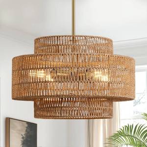 lot 651 image: InterMaka 17.7 Rattan Chandelier for Dining Room, Large Boho Pendant Light - Retail $139