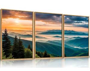 lot 653 image: LHIUEM Large Nature Mountain Sunrise Framed Canvas Wall Art,Modern Misty Tree Wall Decor,Boho Forest Green Wall Painting,Landscape Picture Artwork for Living Room,Bedroom,Dining Room,Office -24x36x3 - Retail $130