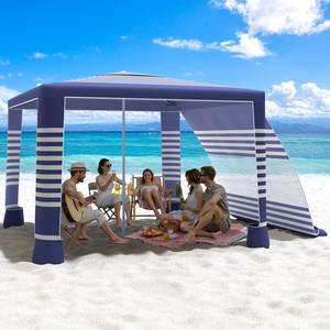 lot 666 image: MoKo Beach Cabana, 8�8 Large Beach Canopy with Side Wall, UPF 50 Protection Easy Setup Beach Tent Sun Shelter, Adjustable Height Wind Resistant Cabana Beach Tent for Whole Family, Navy Stripes - Retail $140