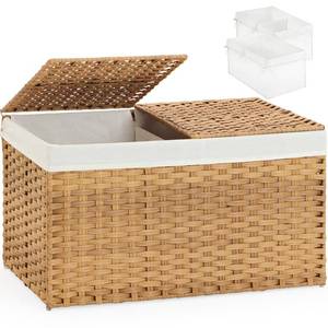 lot 668 image: SETVSON Storage Basket with Lid Rattan Woven Storage Baskets with 2 Separate Lids, 17.2 Gallon (65 L), 22 x 13 x 13.8 Inches,Foldable, 2 Removable Liner Bags Handles for Bedroom, Laundry Room Natural - Retail $48