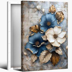 lot 670 image: Modern Floral Canvas Wall Art Blue and White Flower Market Wall Decor Pictures Abstract Background Golden leaf Poster Prints for Living Room Bedroom Office Home Decoration 16x24in Ready to Hang - Retail $30