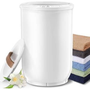 lot 672 image: FLYHIT Large Towel Warmer for Bathroom - Heated Towel Warmers Bucket, Wood Handle, Auto Shut Off, Fits Up to Two 40X70 Oversized Towels, Bathrobes, Blankets, for Mothers Gifts, White - Retail $80