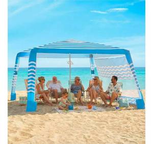 lot 678 image: Zeraty Beach Cabana 8�8, Portable Beach Canopy with Side Wall, UPF 50 Silver-Coated Beach Tent Sun Shelter Easy Pop Up, Wind Resistant Adjustable Height Beach Umbrella Tent for Family, Light Blue - Retail $86
