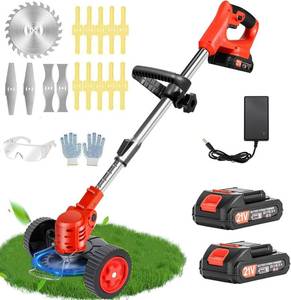 lot 688 image: Stringless Weed Wacker Electric Weed Wacker Cordless with Wheels, 2pcs Batteries&4 Types Blades,Lightweight, 21V Weed Trimmer 3-in-1 Grass TrimmerBrush CutterEdger, for Thick Weeds&Yard Garden
