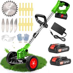 lot 691 image: Electric Weed Wacker Cordless with Wheels, 2pcs Batteries&4 Types Blades,Lightweight, Low Noise Weed Trimmer 21V stringless Weed Wacker, Grass TrimmerBrush CutterEdger, for Thick Weeds&Yard Garden - Retail $49