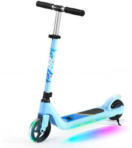 lot 692 image: PRE OWNED AS IS LINGTENG Electric Scooter for Kids Age 6-10, Kick-Start Boost Scooter with Adjustable Speed and Height, Flash Wheel & Deck Lights - Retail $0