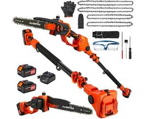 lot 710 image: 3-in-1 Electric Pole Saws for Tree Trimming, 8 & 10 InchBrushless Motor Mini Chainsaw Cordless with Extension Pole, 2x4000mAh Li Batteries & Charger, 16FT Max Reach - Retail $115