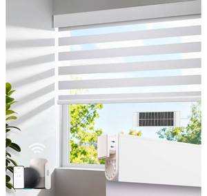 lot 712 image: No Drill Electric Motorized Zebra Blinds, White 36 W x 72 HNo-drill quick install, 50%-75% blackout, solar panel included, Alexa & Google voice control, with Remote - Retail $125