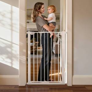 lot 733 image: KODYRU 43 inch Tall Safety Dog Gate Adjustable 29.7-45.2 inch Extra-Wide Metal Pet Gate Drill-Free Pressure-Mount Installation kit Self-Closing Cat Gate for Stairwells��Doorways��White�� - Retail $75