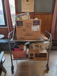 lot 8734 image: Large Lot - Rolling Cart Including Mason Jars, Glass Cups and More