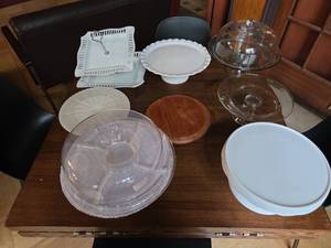 lot 8735 image: Cake Stand & Dome Display Set - Glass, Plastic & Ceramic - Set of 8